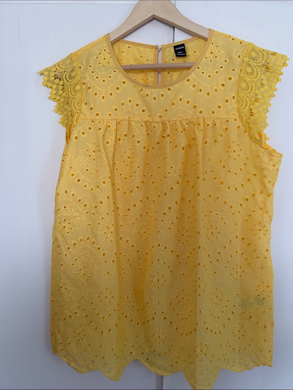 SHEIN Yellow Eyelet Lace Cap-Sleeve Blouse